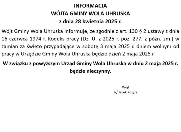 Miniaturka artykułu 2 maja 2025 r. Urząd Gminy nieczynny